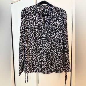 Pretty Floral Black and Lavender Women's Blouse with Tie Bell Sleeves